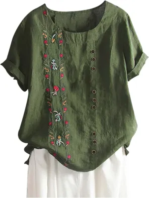 Women Short Sleeve Linen Shirts Floral Print Cotton Blouses Dressy Causal Tunic Tops Trendy Summer Causal Outfits