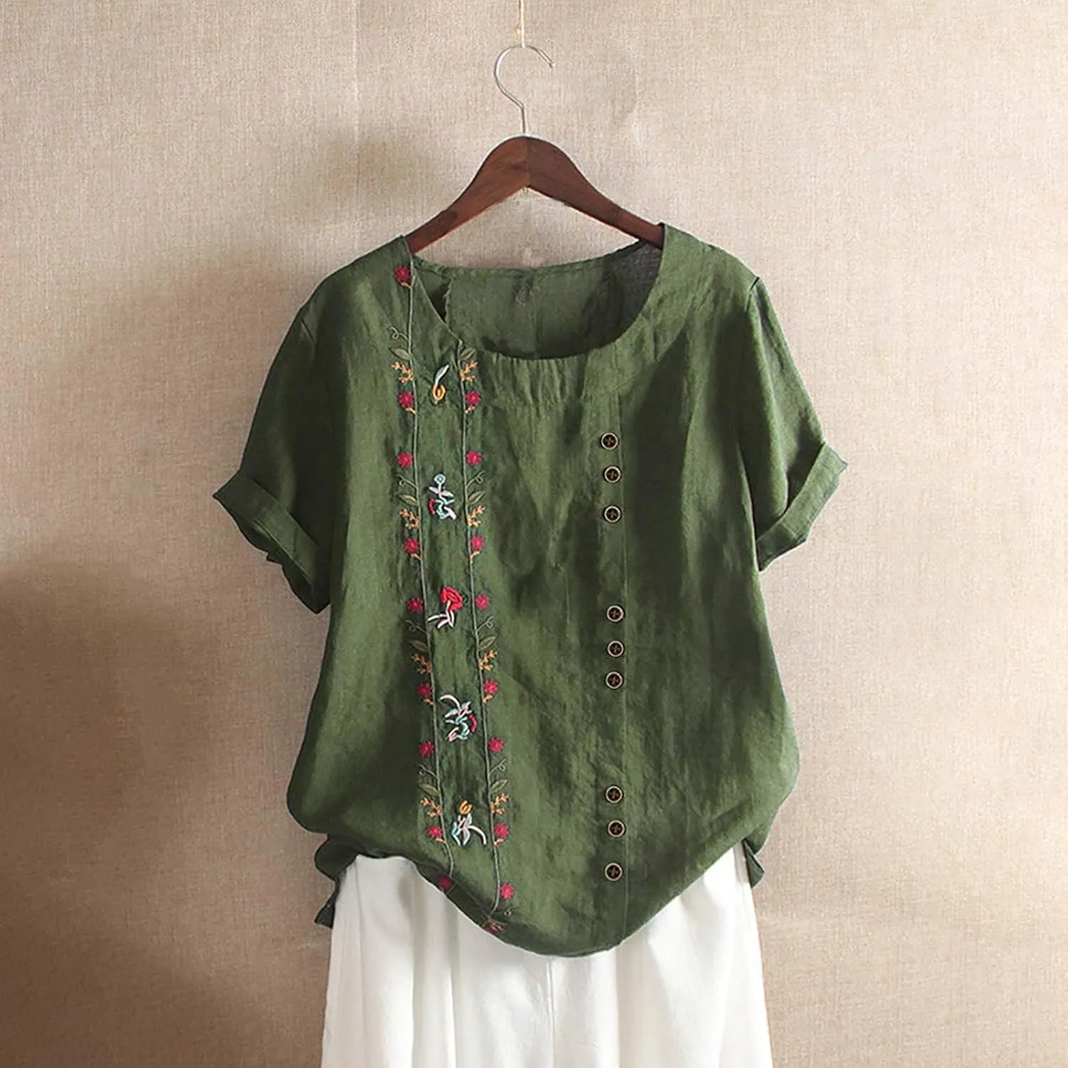 Women Short Sleeve Linen Shirts Floral Print Cotton Blouses Dressy Causal Tunic Tops Trendy Summer Causal Outfits