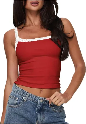 Women Strappy Square Neck Crop Tank Tops, Summer Sleeveless Slim Fit Lace Trim Trendy Clothes Going Out Casual Shirts