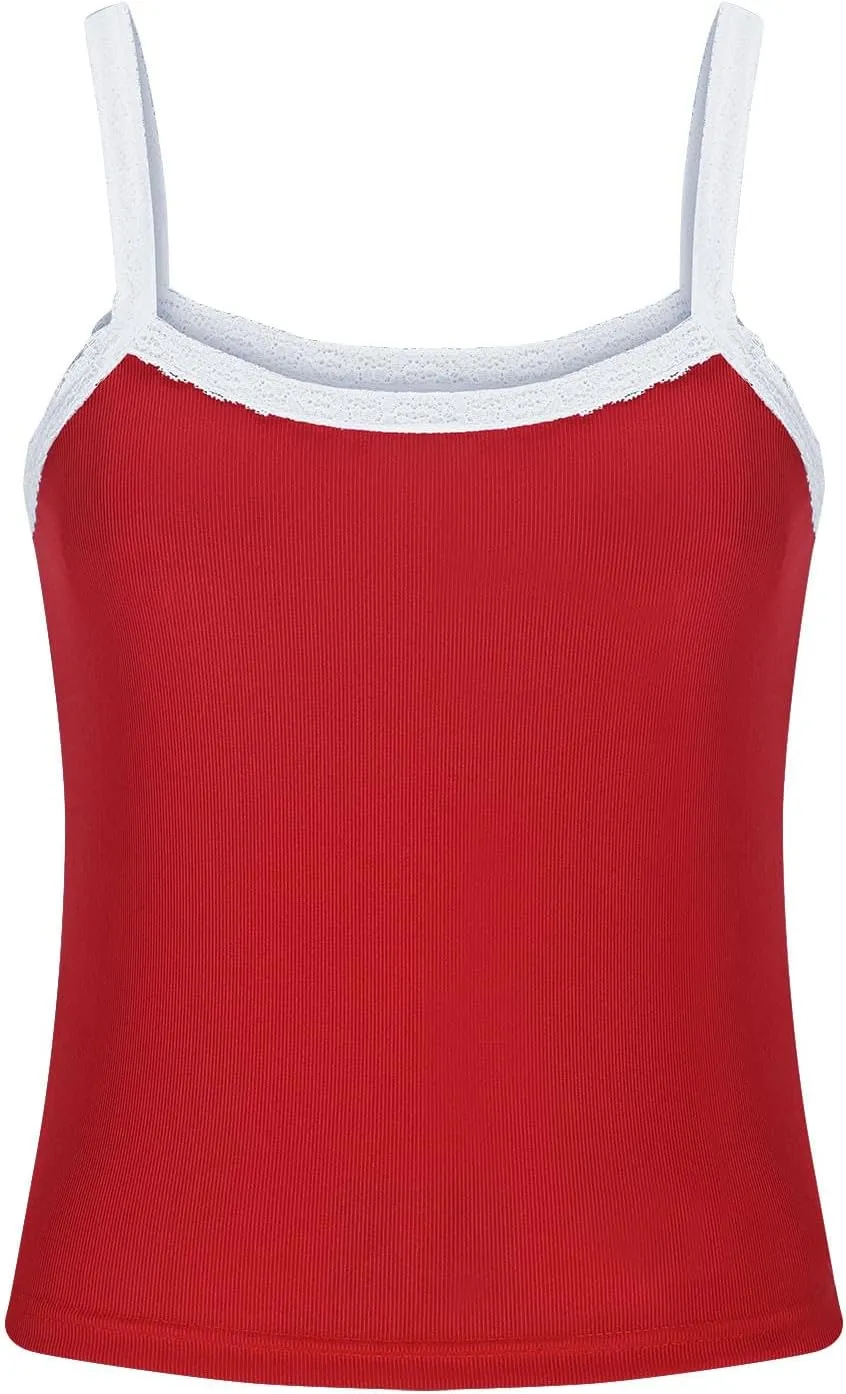 Women Strappy Square Neck Crop Tank Tops, Summer Sleeveless Slim Fit Lace Trim Trendy Clothes Going Out Casual Shirts