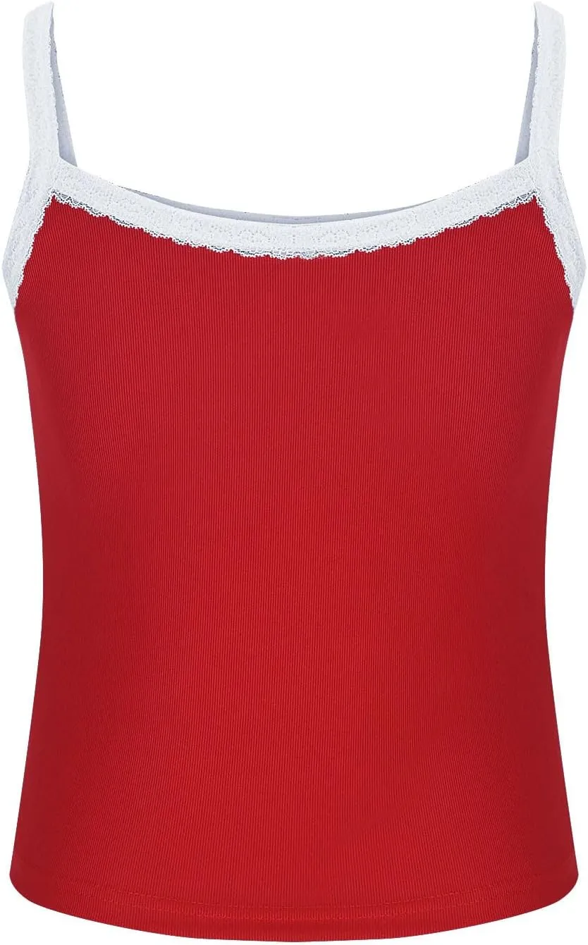 Women Strappy Square Neck Crop Tank Tops, Summer Sleeveless Slim Fit Lace Trim Trendy Clothes Going Out Casual Shirts
