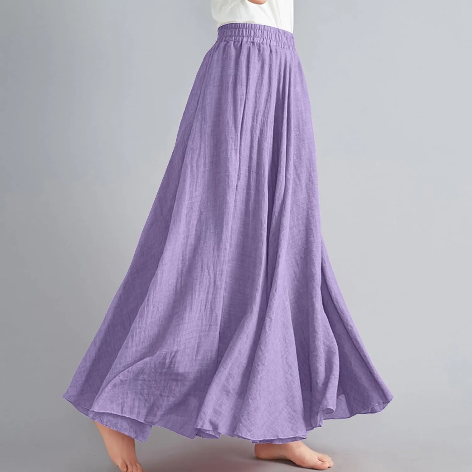 Women Summer Boho Flowy Swing A-Line Maxi Skirt Casual Linen Skirts 2025 Trendy Elastic High Waist Long Beach Dress