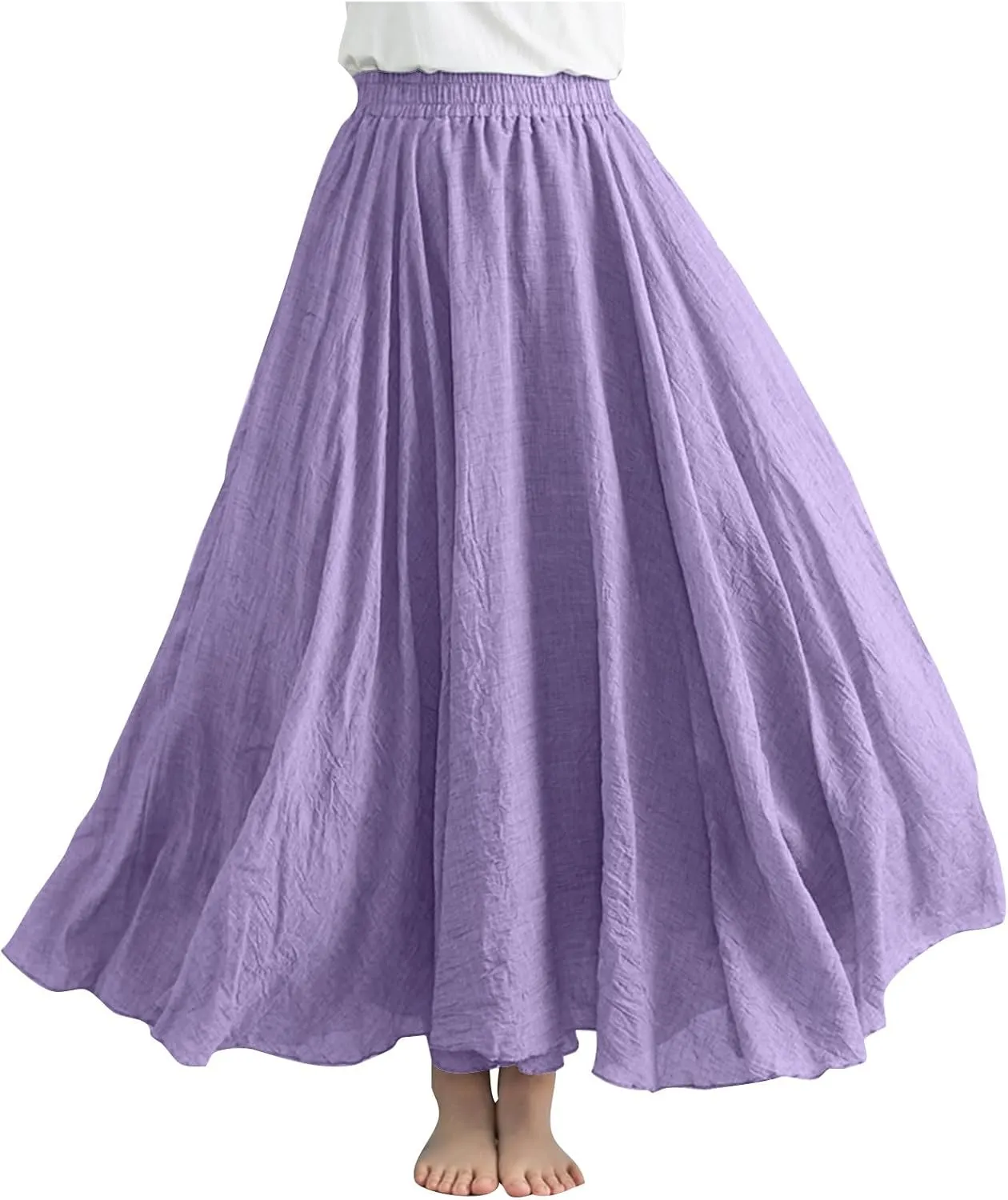 Women Summer Boho Flowy Swing A-Line Maxi Skirt Casual Linen Skirts 2025 Trendy Elastic High Waist Long Beach Dress
