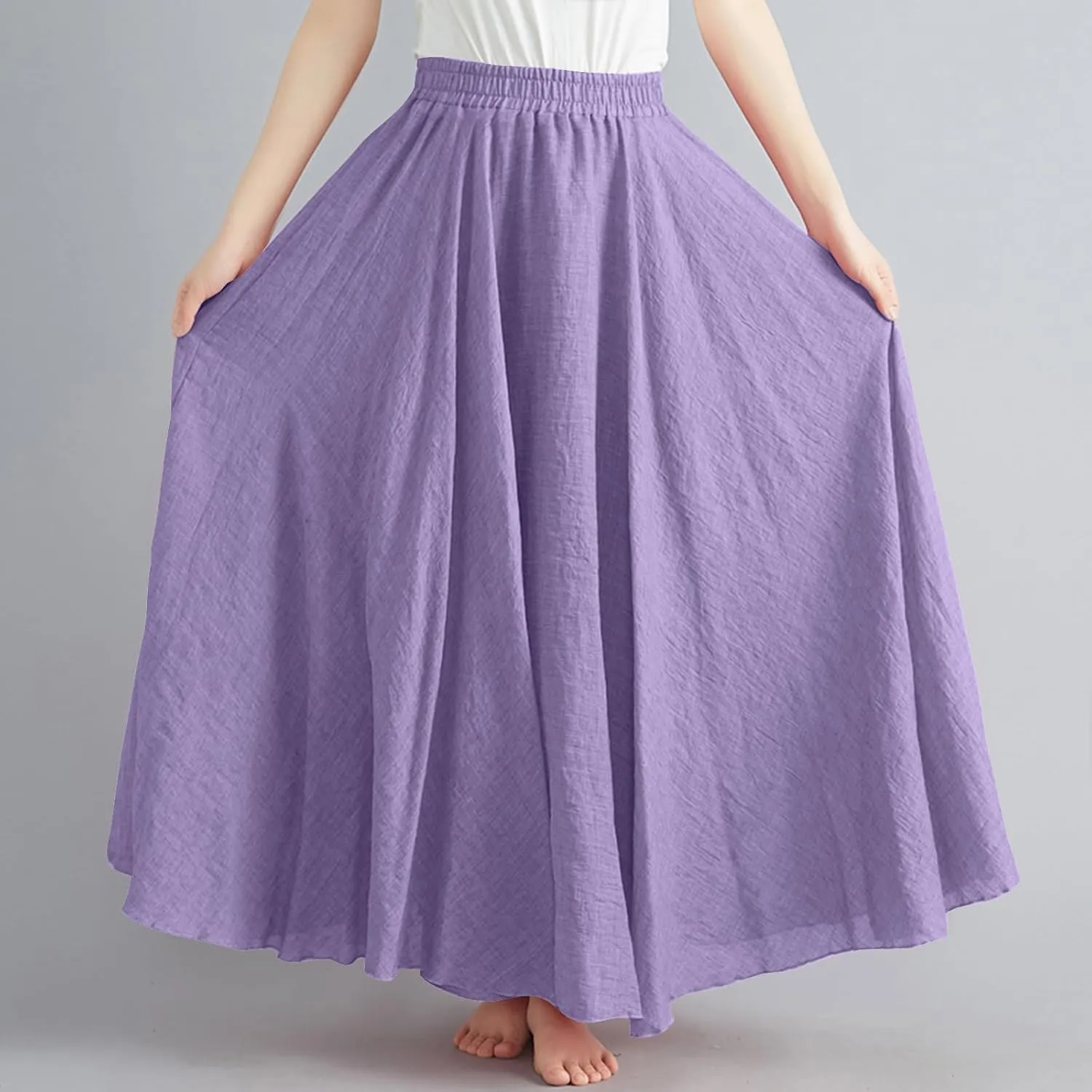 Women Summer Boho Flowy Swing A-Line Maxi Skirt Casual Linen Skirts 2025 Trendy Elastic High Waist Long Beach Dress