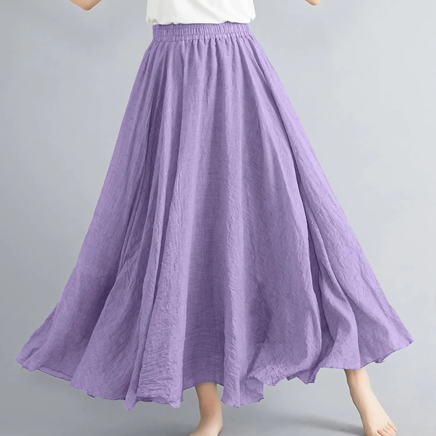 Women Summer Boho Flowy Swing A-Line Maxi Skirt Casual Linen Skirts 2025 Trendy Elastic High Waist Long Beach Dress
