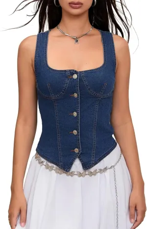 Women Summer Denim Tank Tops Solid Color Square Neck Buttons Casual Vests Sleeveless Tops Streetwear