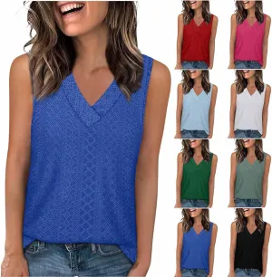 Women Summer Tank Top Eyelet Embroidery Sleeveless V Neck Shirt Loose Work Tunic 2025 Summer Fashion Casual Clothes