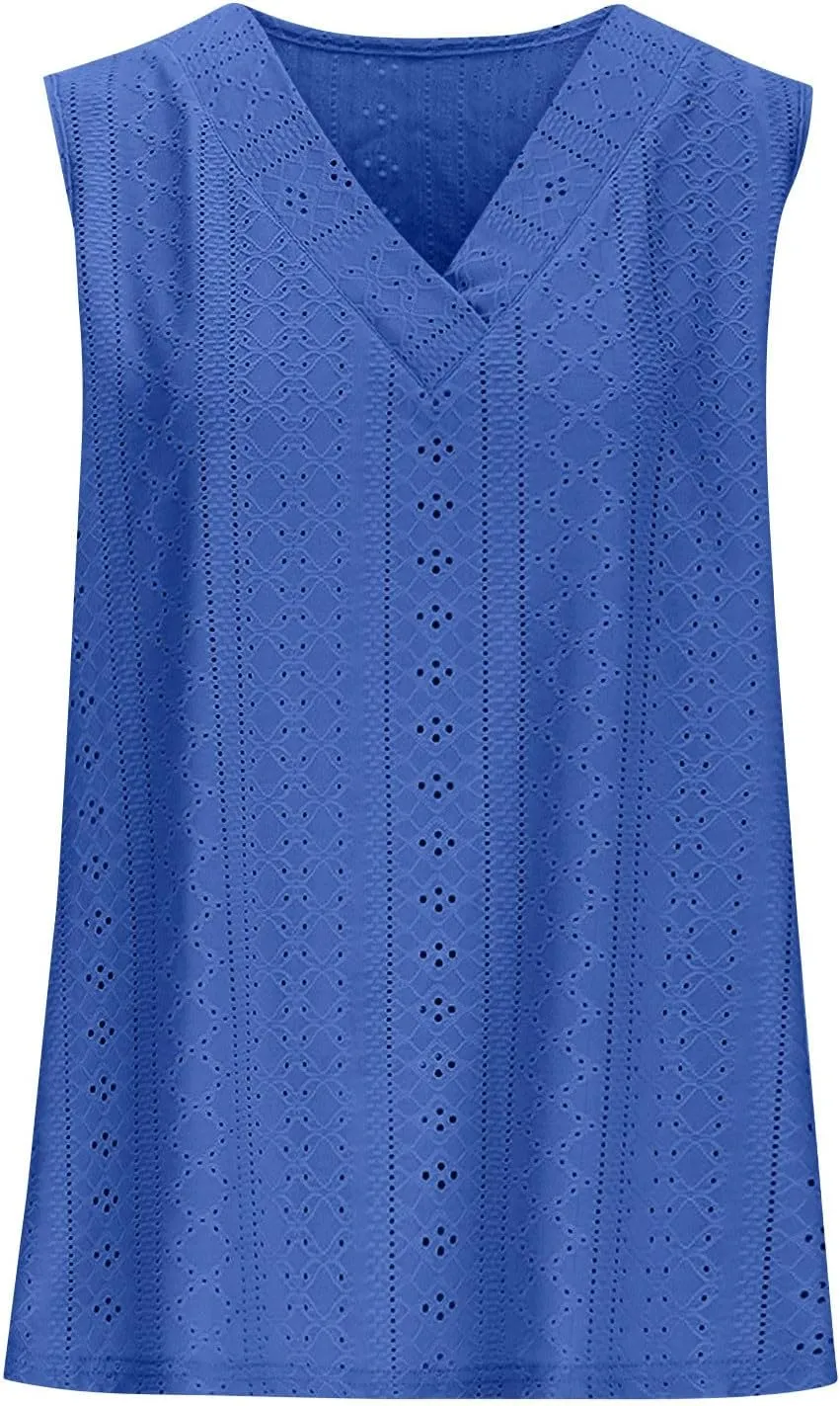 Women Summer Tank Top Eyelet Embroidery Sleeveless V Neck Shirt Loose Work Tunic 2025 Summer Fashion Casual Clothes