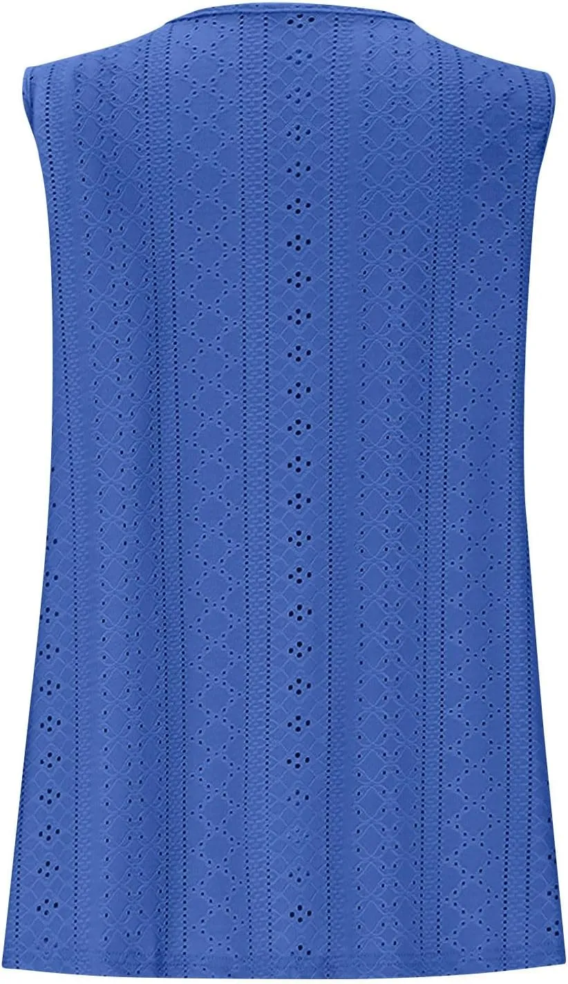 Women Summer Tank Top Eyelet Embroidery Sleeveless V Neck Shirt Loose Work Tunic 2025 Summer Fashion Casual Clothes
