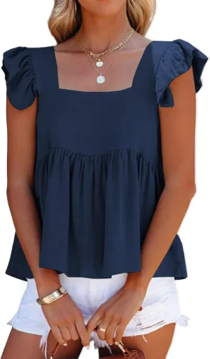 Women Summer Tops Square Neck Ruffles Sleeveless Tank Top Peplum Blouse Cute Backless Babydoll Tees