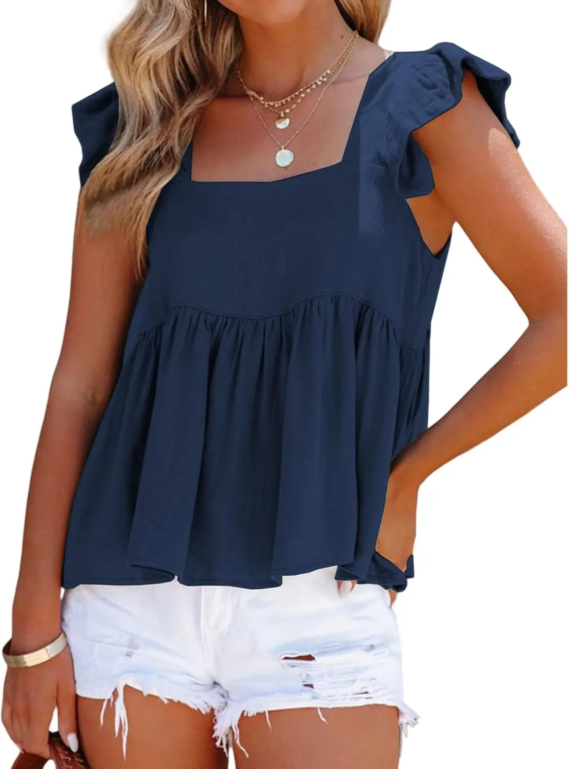 Women Summer Tops Square Neck Ruffles Sleeveless Tank Top Peplum Blouse Cute Backless Babydoll Tees