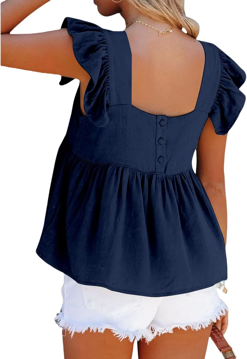 Women Summer Tops Square Neck Ruffles Sleeveless Tank Top Peplum Blouse Cute Backless Babydoll Tees