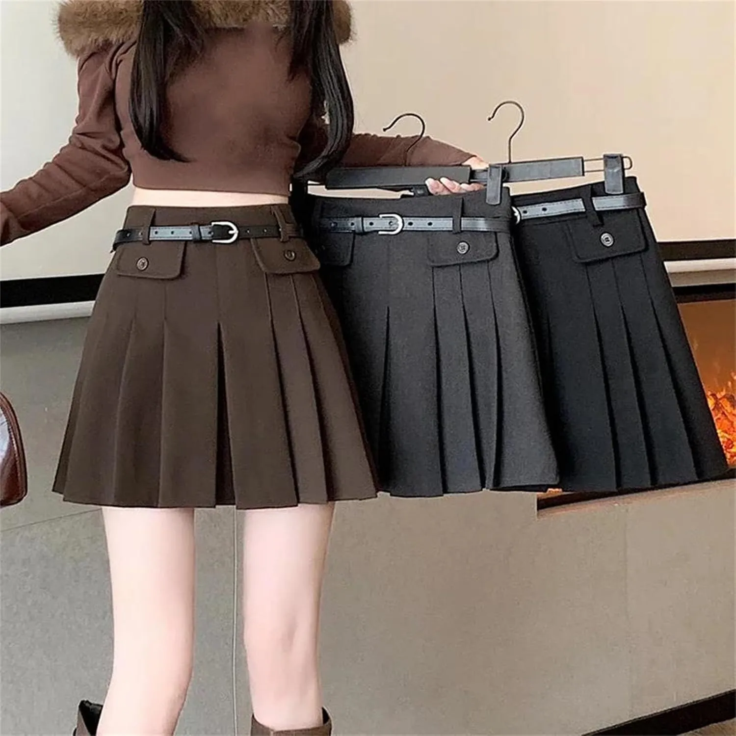 Women Vintage Pleated Mini Skirts Korean Style High Waist with Belt Skirts Casual Slim Holiday Skirts