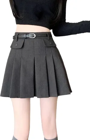Women Vintage Pleated Mini Skirts Korean Style High Waist with Belt Skirts Casual Slim Holiday Skirts