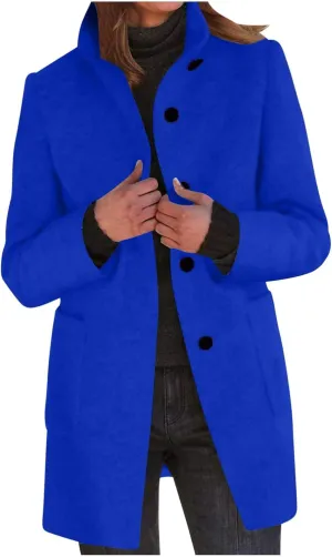 Women Wool Jacket Blend Winter Mid Long Trench Coat Stand Collar Single Breasted Warm Pea Overcoat with Pockets