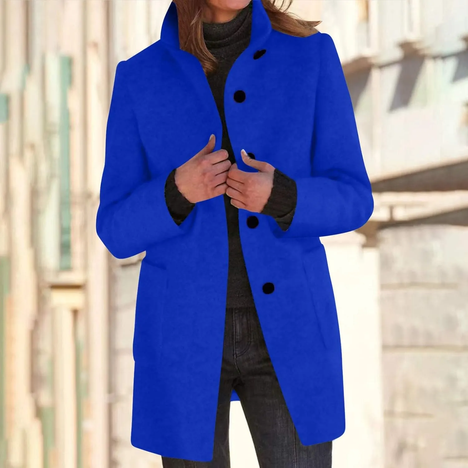 Women Wool Jacket Blend Winter Mid Long Trench Coat Stand Collar Single Breasted Warm Pea Overcoat with Pockets
