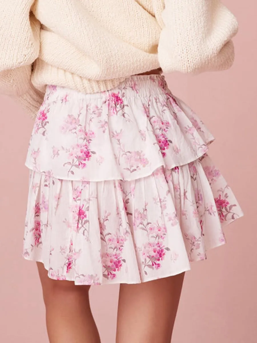 Women Y2K Floral Mini Skirts Lace Low Waist Pleated Ruffled Hem Layered Skirts Striped Beach Ruffle Short Skirts