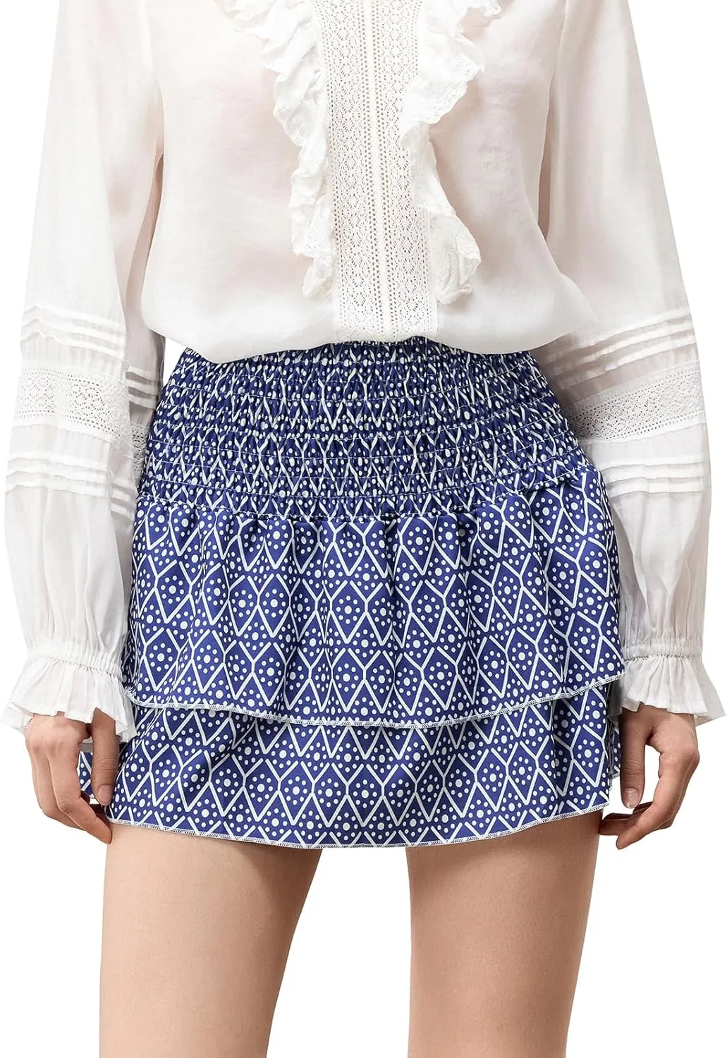 Women Y2K Floral Mini Skirts Lace Low Waist Pleated Ruffled Hem Layered Skirts Striped Beach Ruffle Short Skirts