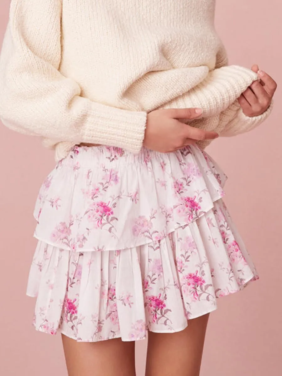 Women Y2K Floral Mini Skirts Lace Low Waist Pleated Ruffled Hem Layered Skirts Striped Beach Ruffle Short Skirts