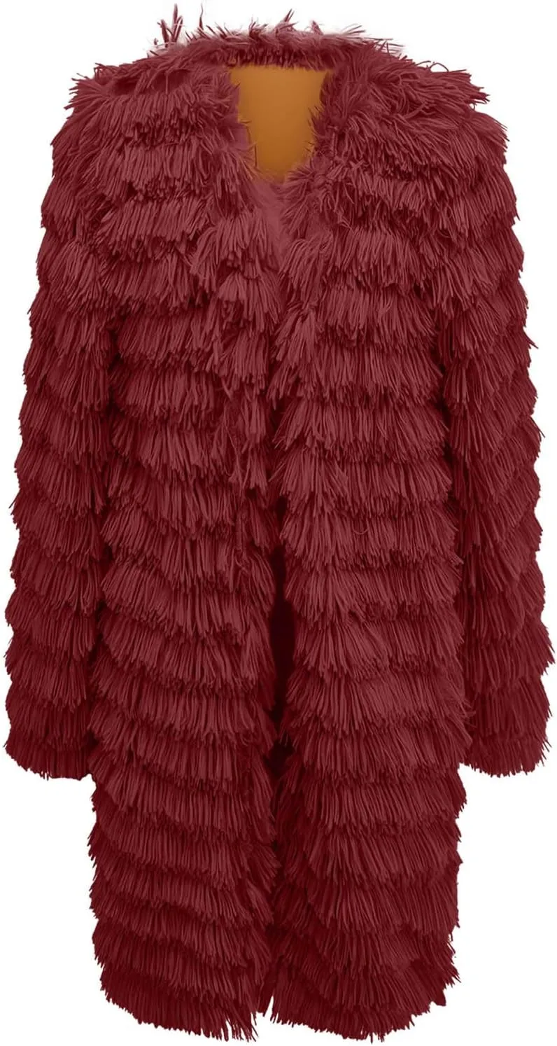 Women's 2023 Winter Faux Fur Jackets Fall Fashion Open Front Long Shaggy Coat Outerwear Tiered Maxi Faux Fur Cardigans