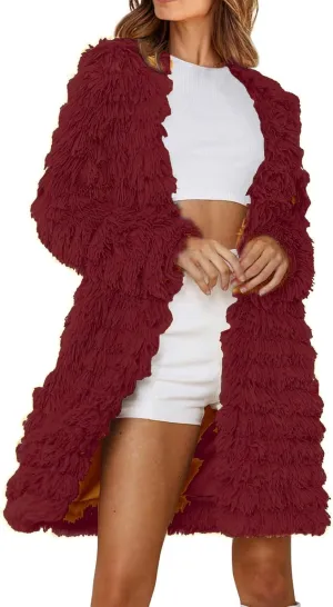 Women's 2023 Winter Faux Fur Jackets Fall Fashion Open Front Long Shaggy Coat Outerwear Tiered Maxi Faux Fur Cardigans