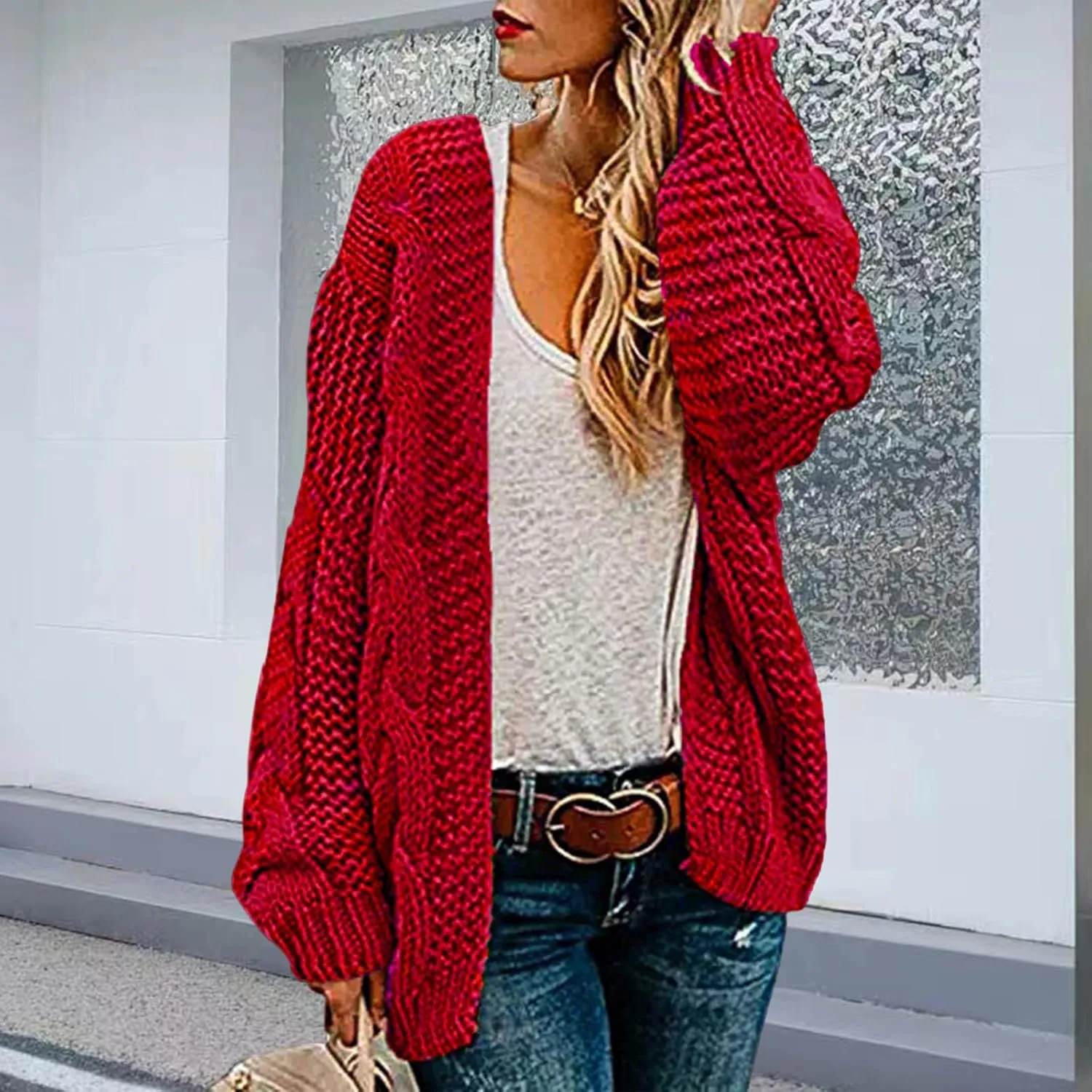 Womens 2024 Fall Open Front Chunky Knit Cardigan Sweaters Oversized Lantern Sleeve Sweater Winter Coat Outwear
