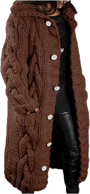 Womens 2024 Long Sleeve Cable Knit Long Cardigan Open Front Button Sweaters Fall Winter Chunky Overcaot with Pockets