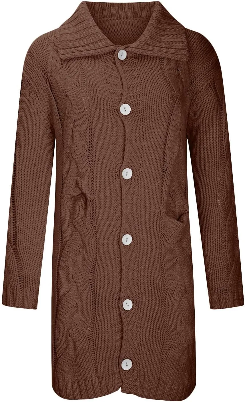 Womens 2024 Long Sleeve Cable Knit Long Cardigan Open Front Button Sweaters Fall Winter Chunky Overcaot with Pockets