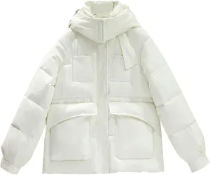 Womens 2024 Simple Solid Full Zip Short Jacket with Hood Long Sleeve Casual Overcoat with Pockets Insulated Fitted Coat