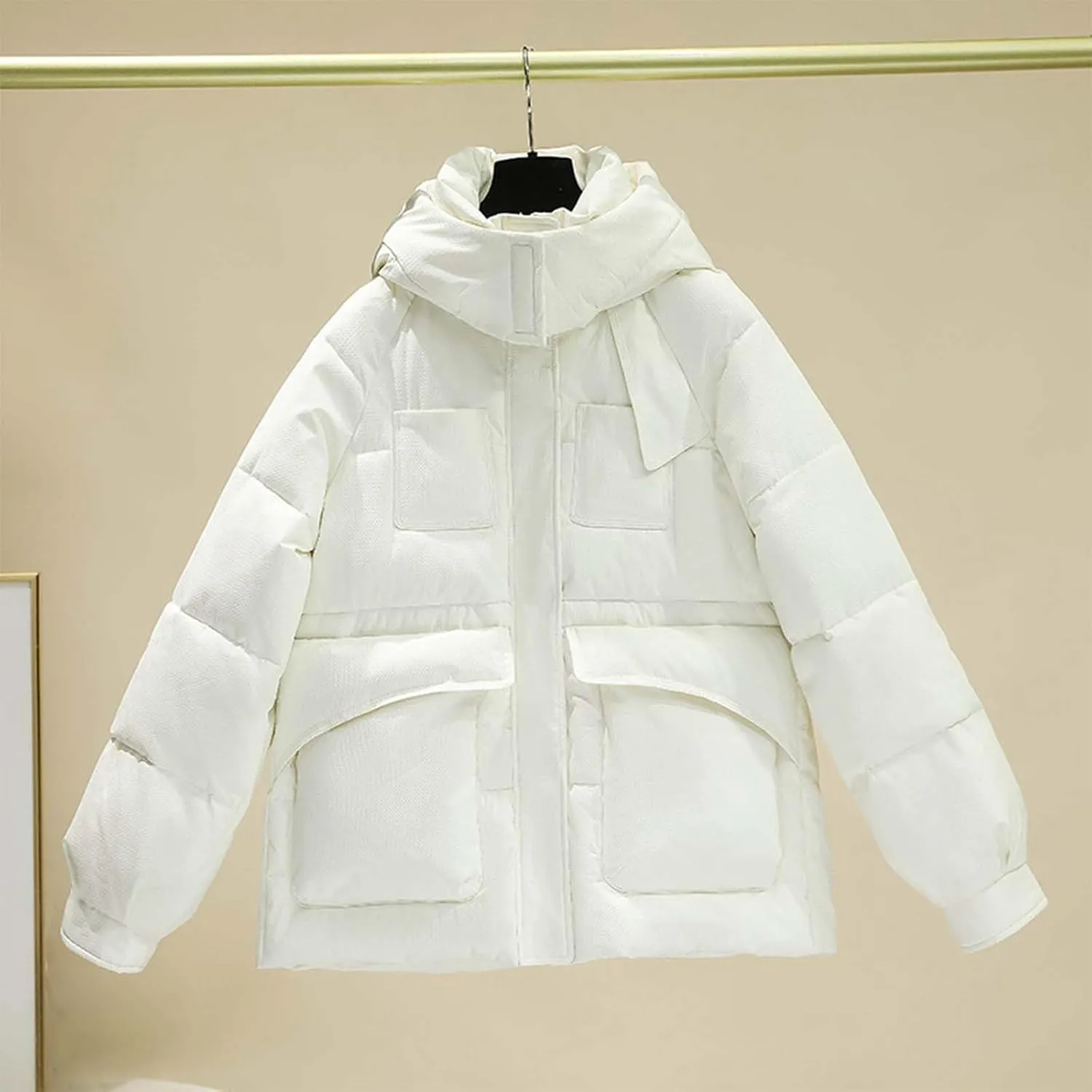 Womens 2024 Simple Solid Full Zip Short Jacket with Hood Long Sleeve Casual Overcoat with Pockets Insulated Fitted Coat