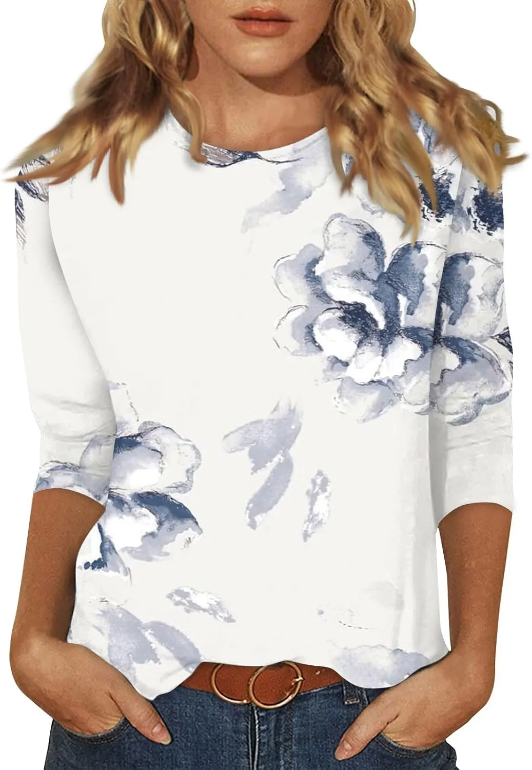 Womens 3/4 Sleeve Tops 2025 Spring Print Round Neck Shirts Loose Fit Three Quarter Sleeve Tshirts