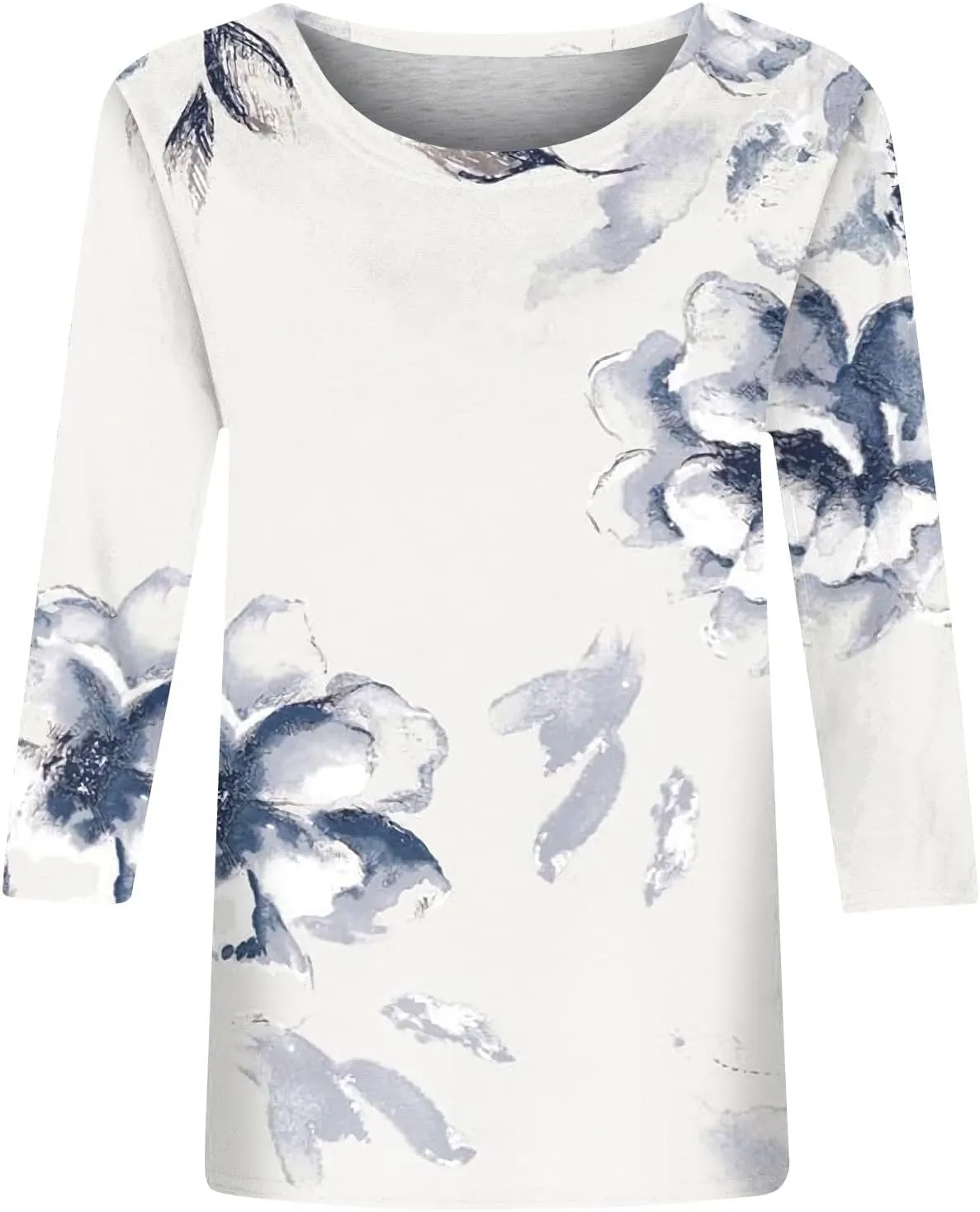 Womens 3/4 Sleeve Tops 2025 Spring Print Round Neck Shirts Loose Fit Three Quarter Sleeve Tshirts