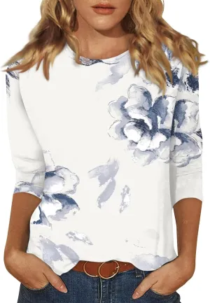 Womens 3/4 Sleeve Tops 2025 Spring Print Round Neck Shirts Loose Fit Three Quarter Sleeve Tshirts