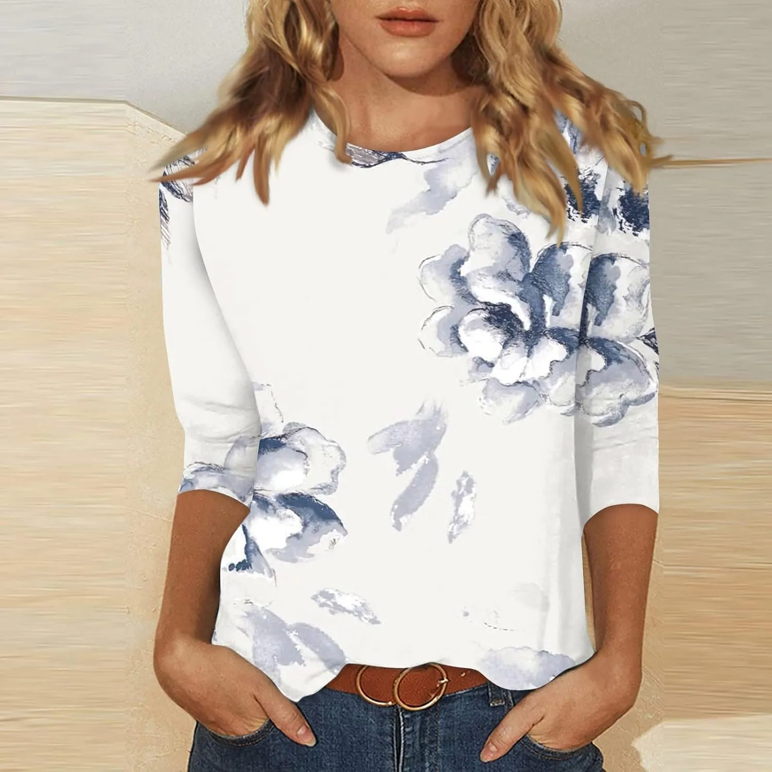 Womens 3/4 Sleeve Tops 2025 Spring Print Round Neck Shirts Loose Fit Three Quarter Sleeve Tshirts