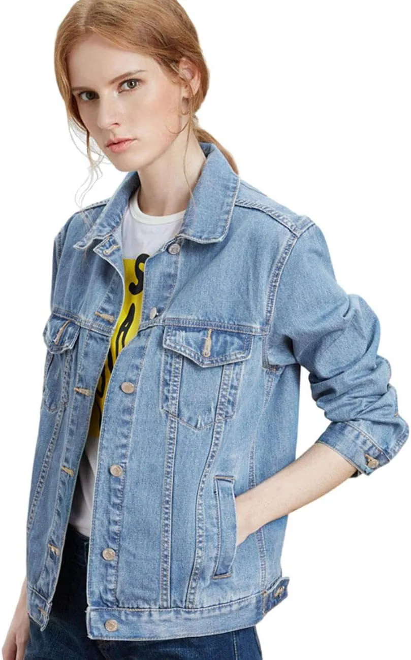Womens Basic Long Sleeve Solid Trucker Denim Jean Jackets Coats Outerwear