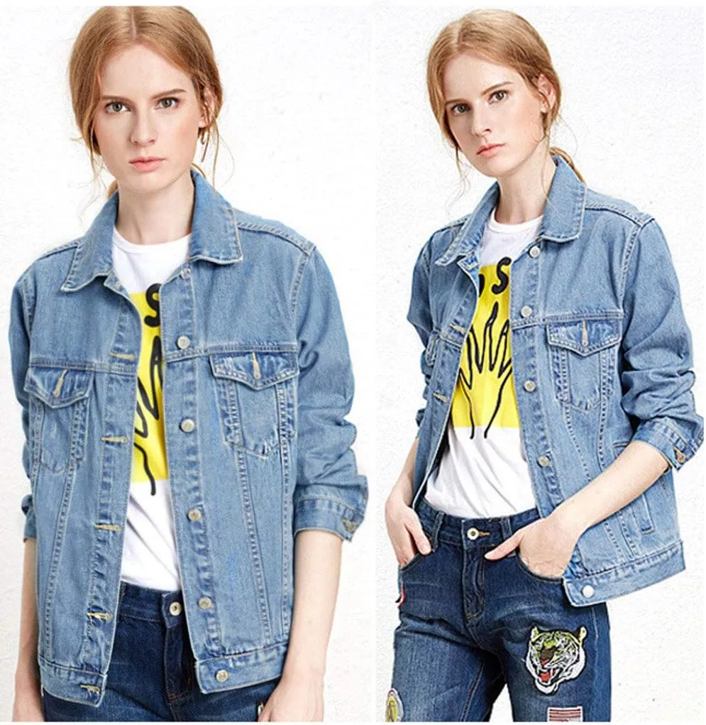 Womens Basic Long Sleeve Solid Trucker Denim Jean Jackets Coats Outerwear