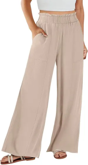 Women's Beach Vacation Straight Wide Leg Pants Casual Summer Ruffle Palazzo Trouser Flowy Lounge Pant with Pocket