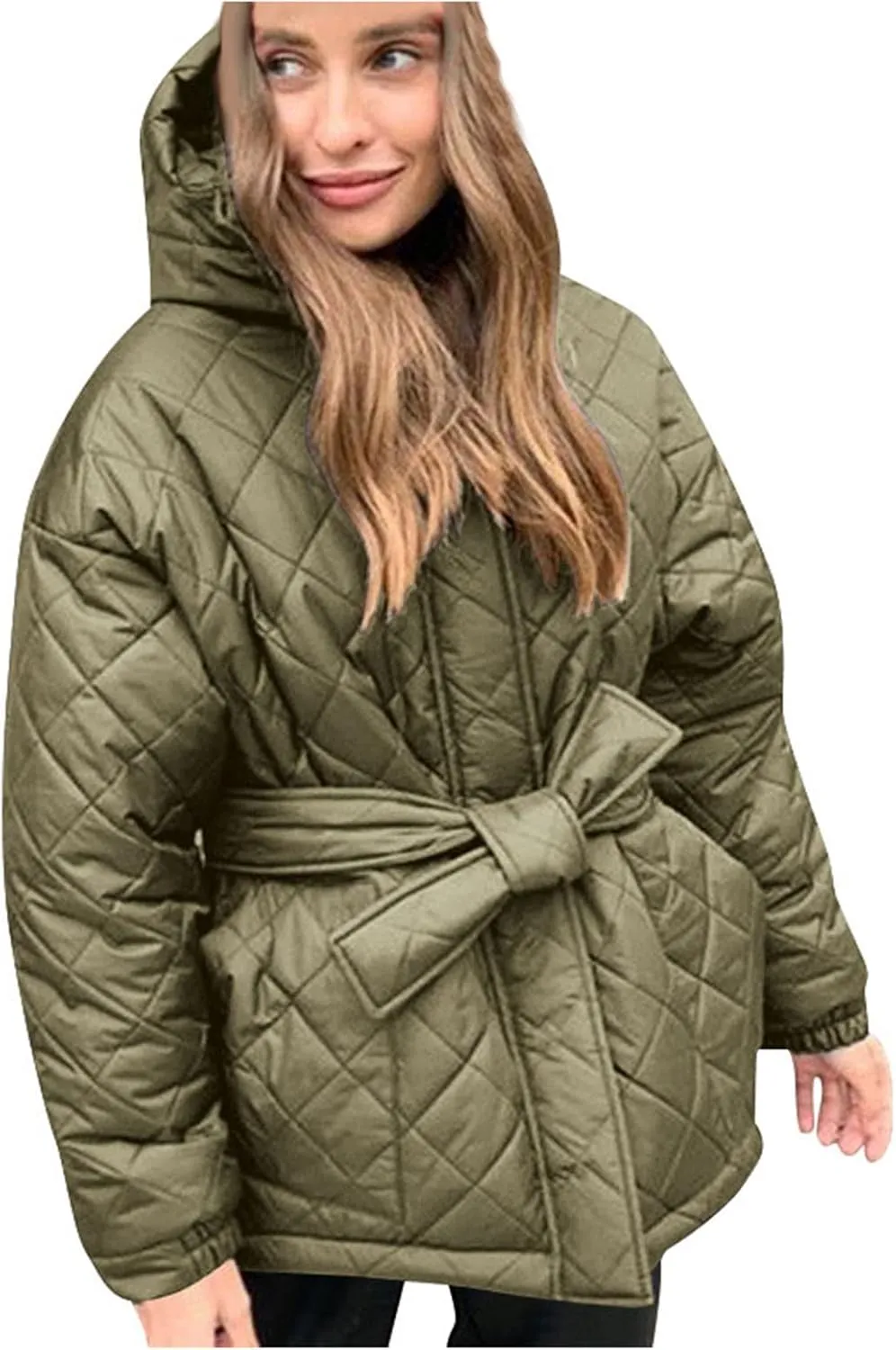 Women's Belted Quilted Puffer Jackets 2024 Trendy Down Coats With Hood Winter Warm Lightweight Outfits with Pockets