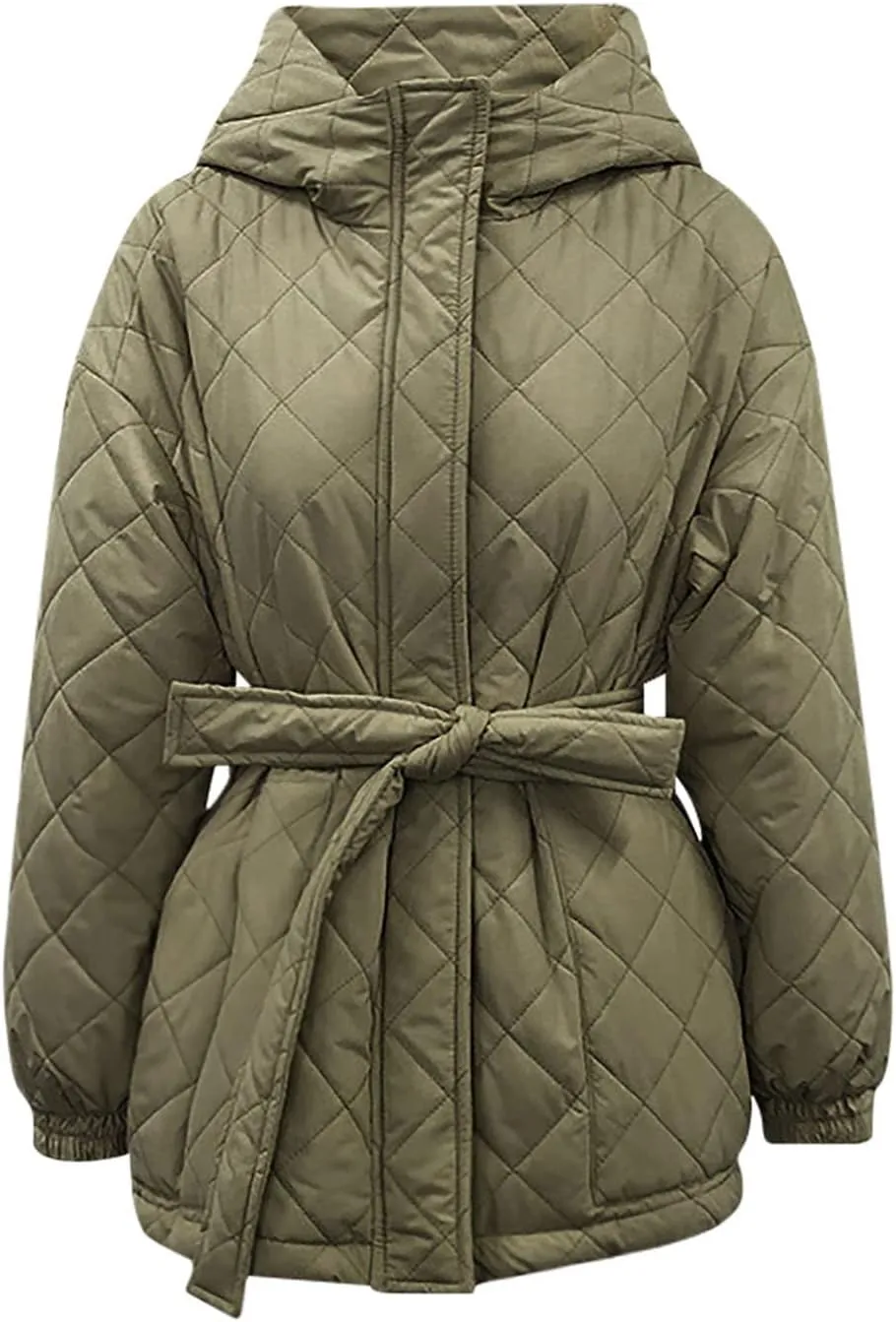 Women's Belted Quilted Puffer Jackets 2024 Trendy Down Coats With Hood Winter Warm Lightweight Outfits with Pockets