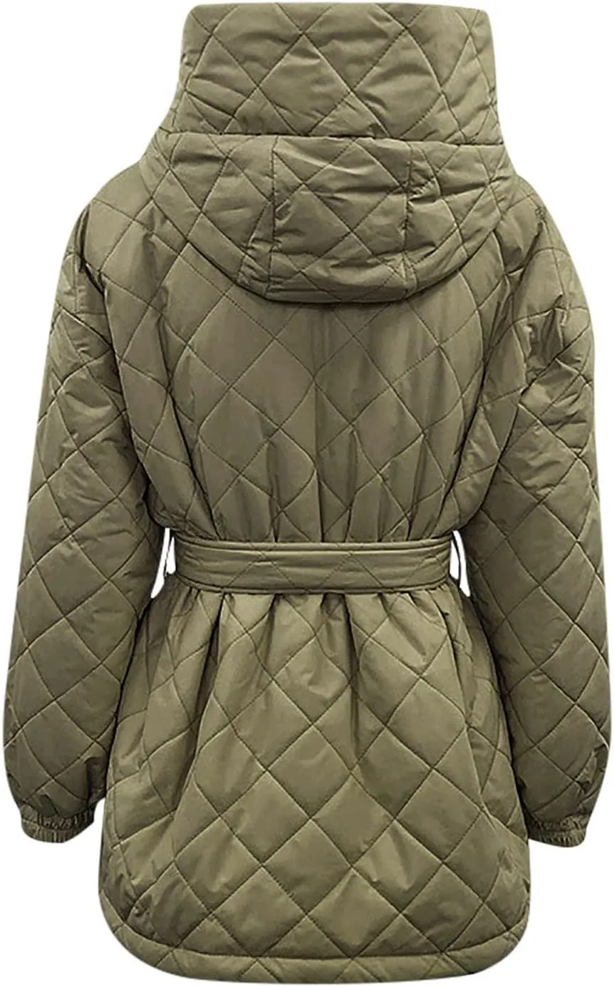 Women's Belted Quilted Puffer Jackets 2024 Trendy Down Coats With Hood Winter Warm Lightweight Outfits with Pockets