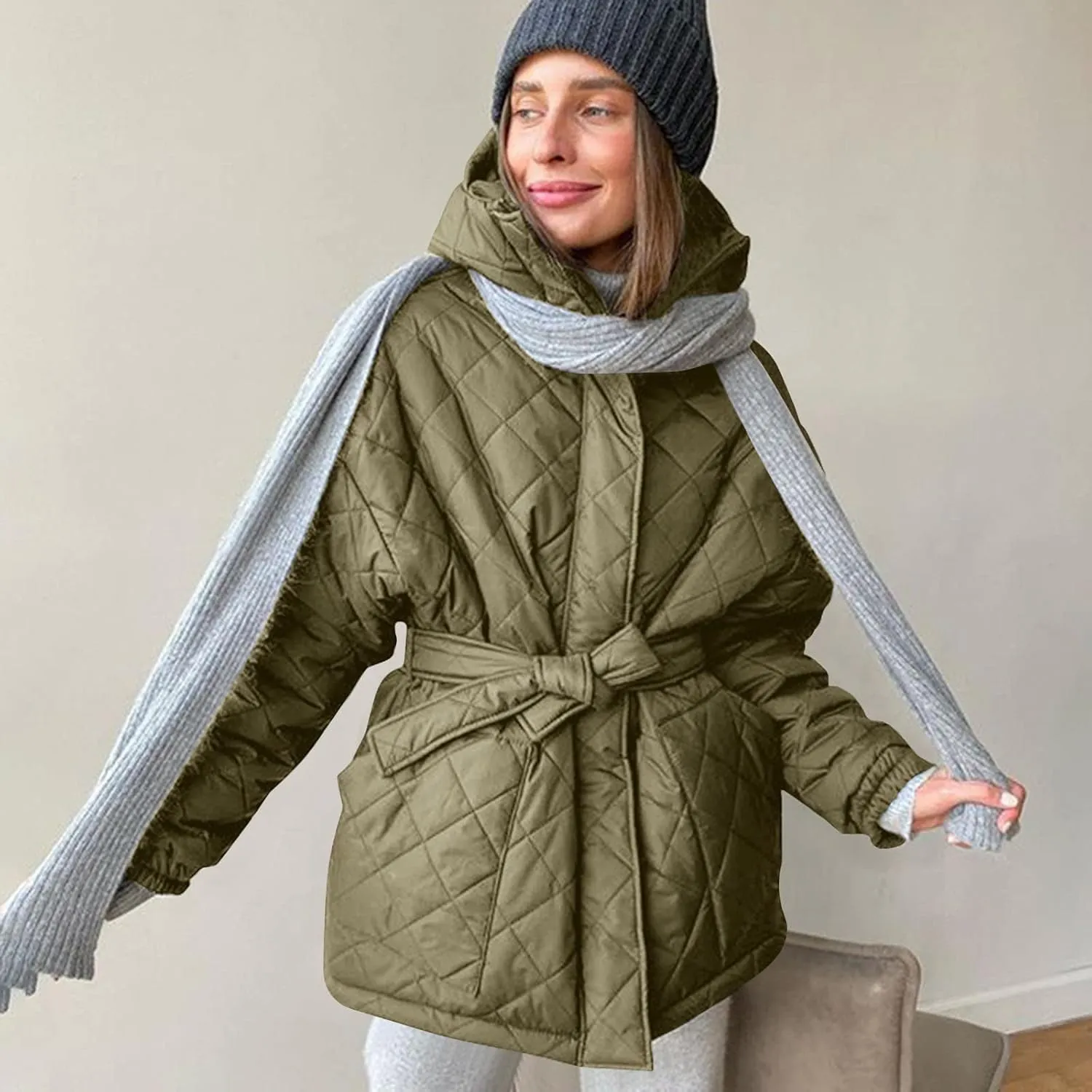 Women's Belted Quilted Puffer Jackets 2024 Trendy Down Coats With Hood Winter Warm Lightweight Outfits with Pockets