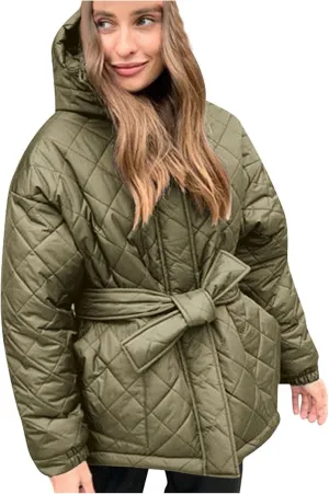 Women's Belted Quilted Puffer Jackets 2024 Trendy Down Coats With Hood Winter Warm Lightweight Outfits with Pockets