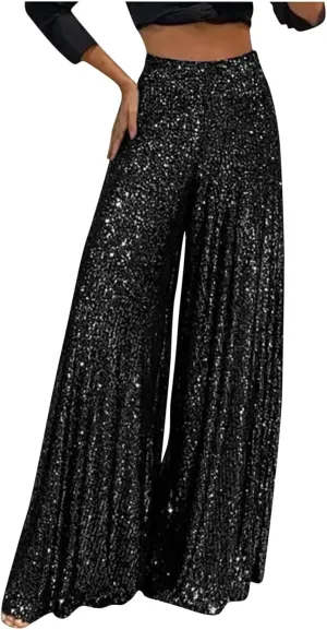 Women's Bling Sequin Pants High Waisted Wide Leg Palazzo Pants Plus Size Fashion Bell Bottom Party Dress Trousers