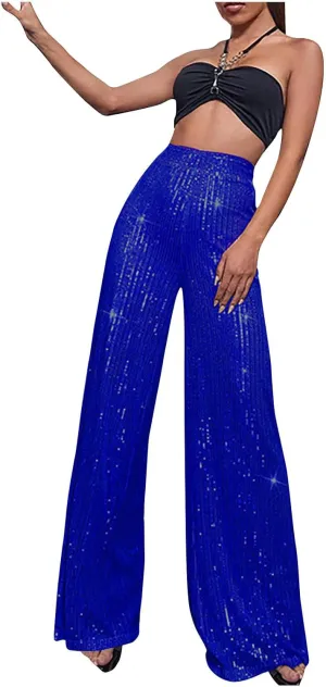 Women's Bling Sequin Pants High Waisted Wide Leg Palazzo Pants Plus Size Fashion Bell Bottom Party Dress Trousers