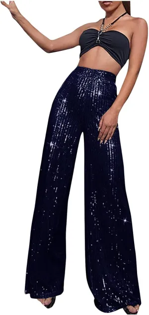 Women's Bling Sequin Pants High Waisted Wide Leg Palazzo Pants Plus Size Fashion Bell Bottom Party Dress Trousers