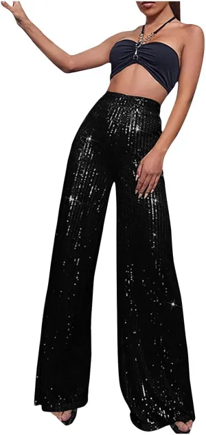Women's Bling Sequin Pants High Waisted Wide Leg Palazzo Pants Plus Size Fashion Bell Bottom Party Dress Trousers