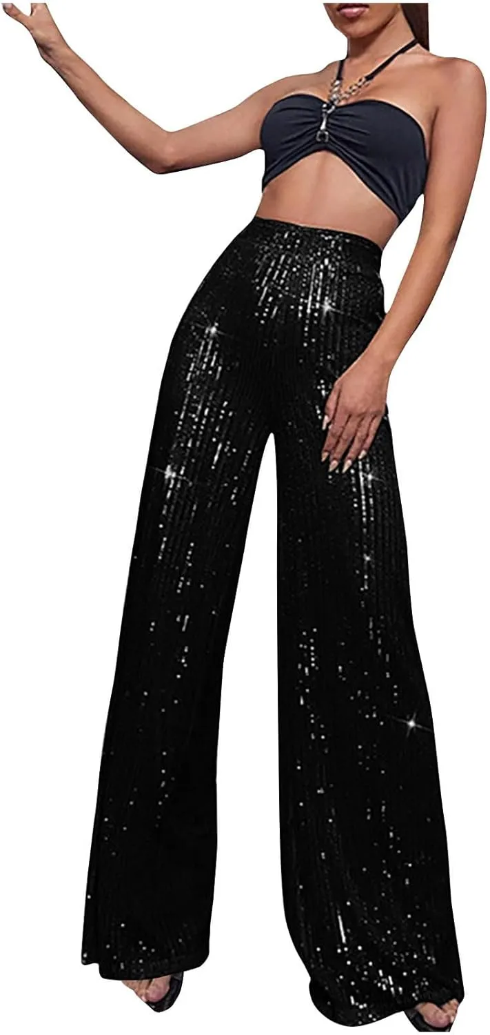 Women's Bling Sequin Pants High Waisted Wide Leg Palazzo Pants Plus Size Fashion Bell Bottom Party Dress Trousers