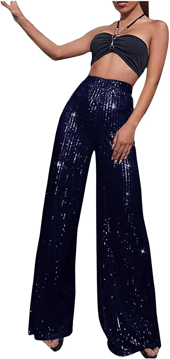 Women's Bling Sequin Pants High Waisted Wide Leg Palazzo Pants Plus Size Fashion Bell Bottom Party Dress Trousers