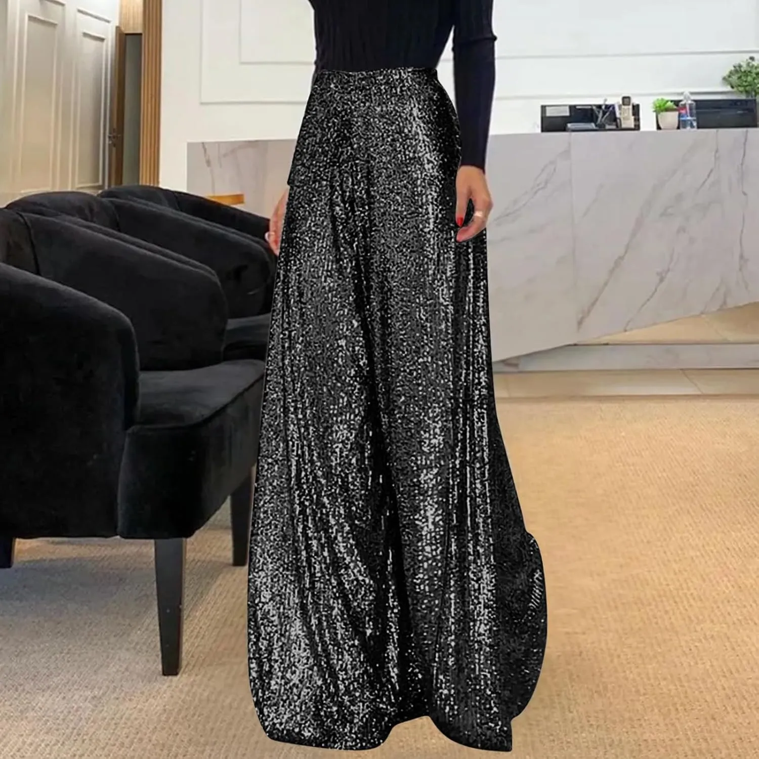 Women's Bling Sequin Pants High Waisted Wide Leg Palazzo Pants Plus Size Fashion Bell Bottom Party Dress Trousers