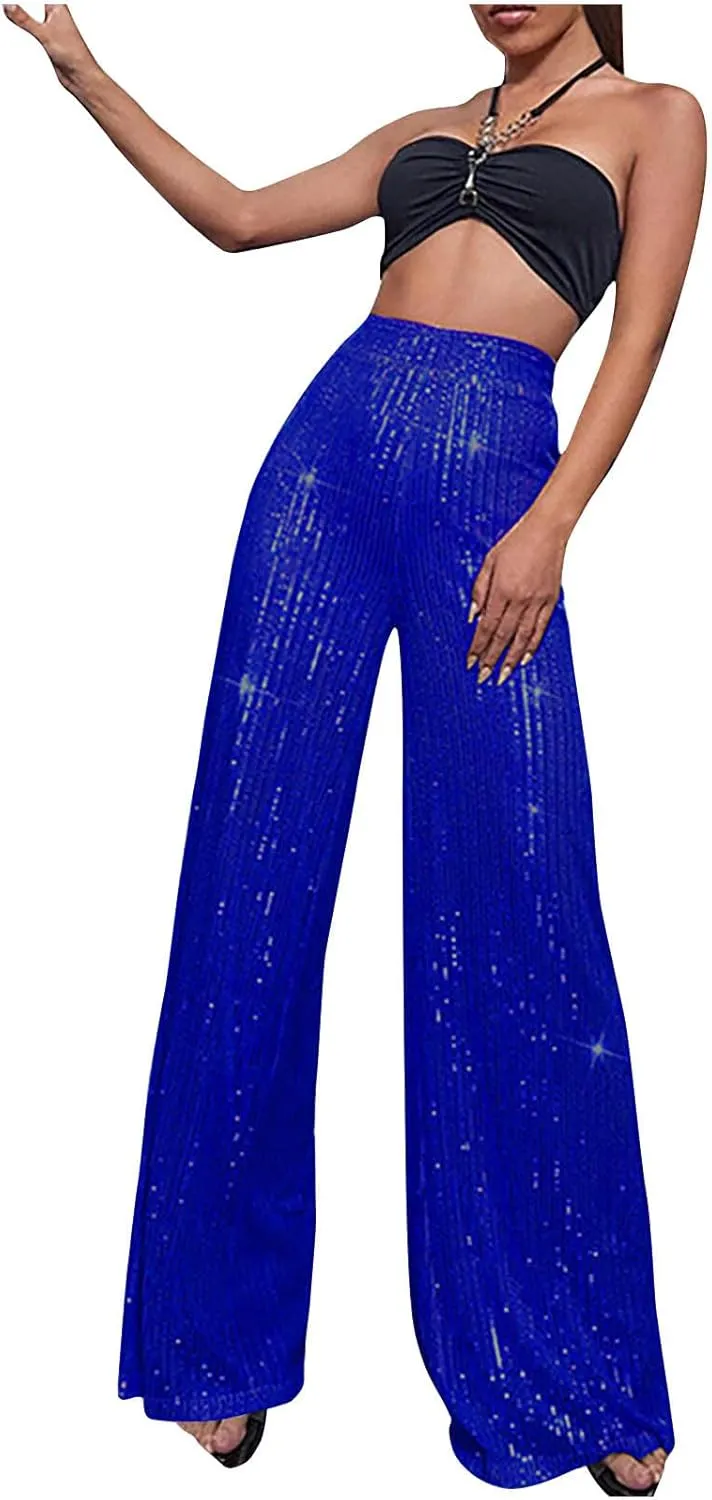 Women's Bling Sequin Pants High Waisted Wide Leg Palazzo Pants Plus Size Fashion Bell Bottom Party Dress Trousers